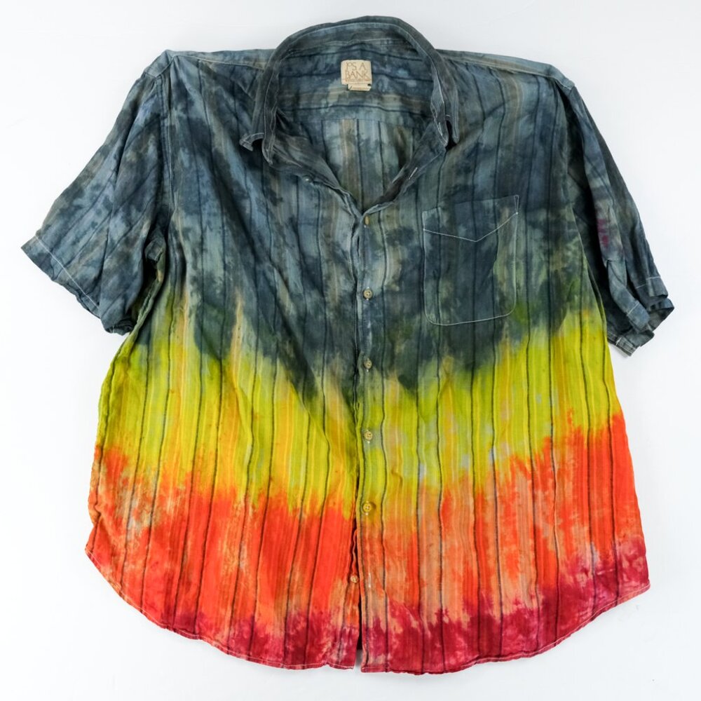 Jos A Bank Linen Shirt 2XL Short Sleeve Button Up Custom Tie Dye Fire Linen Men - Picture 1 of 5